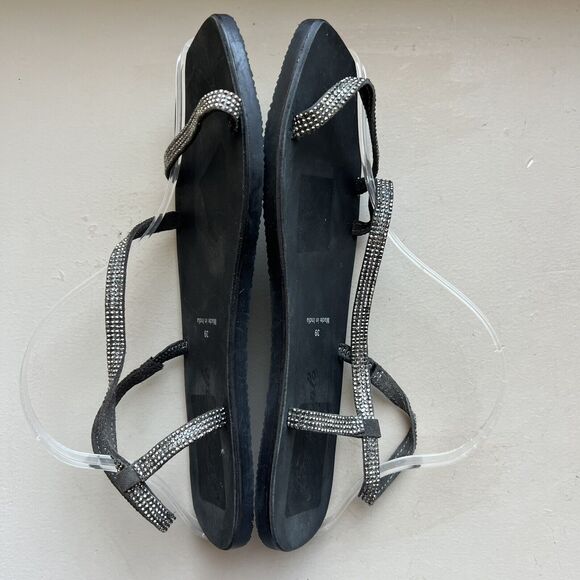 Free People Crystal Cove Black Leather Flat Sandal Rhinestone EU 39 US 8.5 - 9 - Picture 2 of 16